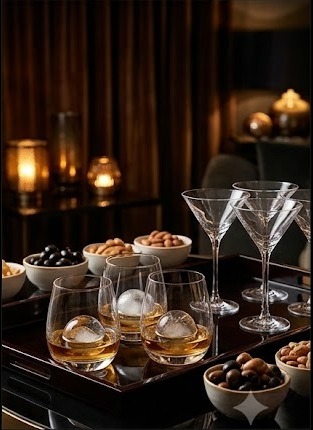 Sophisticated social drinks and snacks on a tray